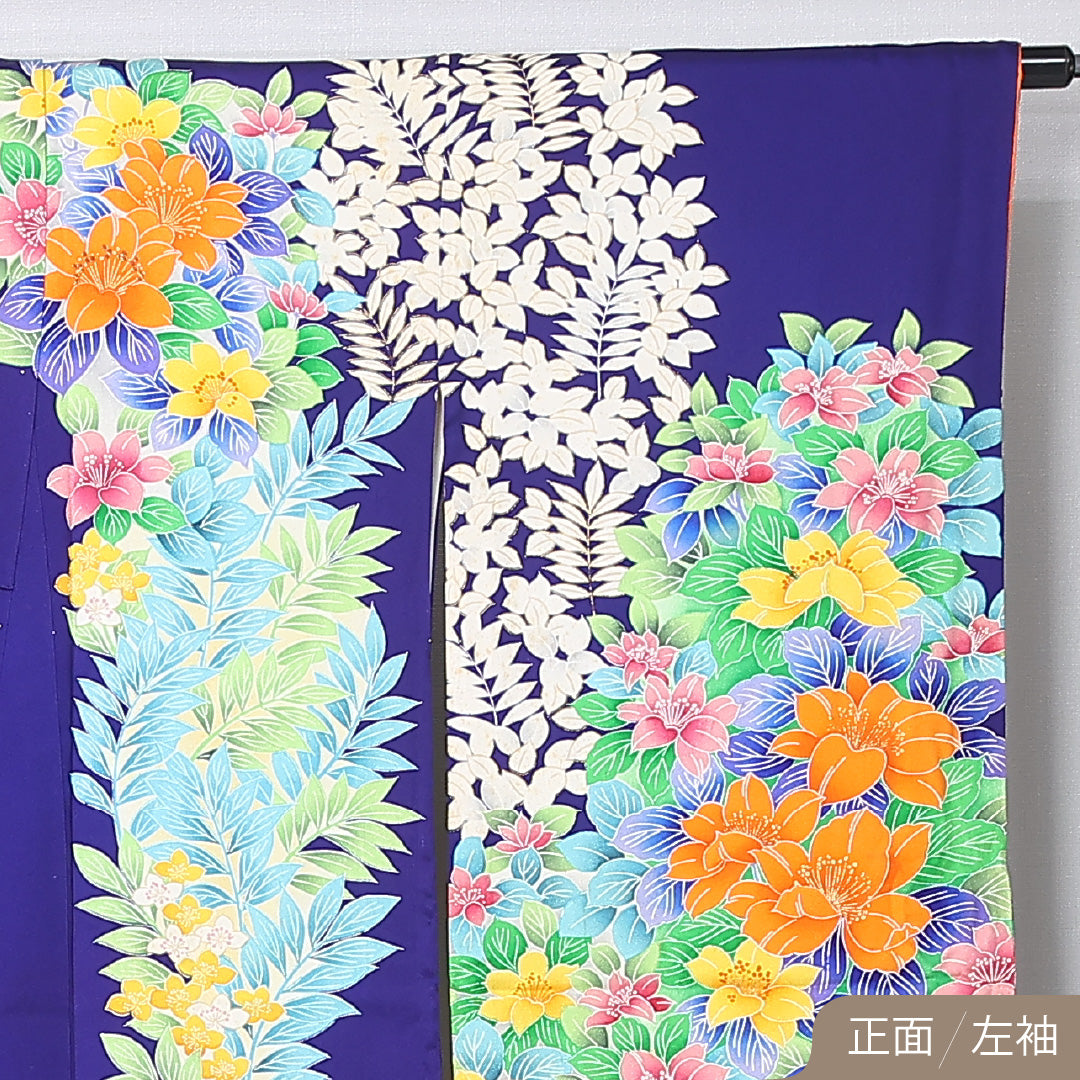 振袖 身丈166cm 裄丈67.5cm Cランク 袷 正絹 XS 広衿 モダン 花柄 ボタニカル 青系 1213-F0447