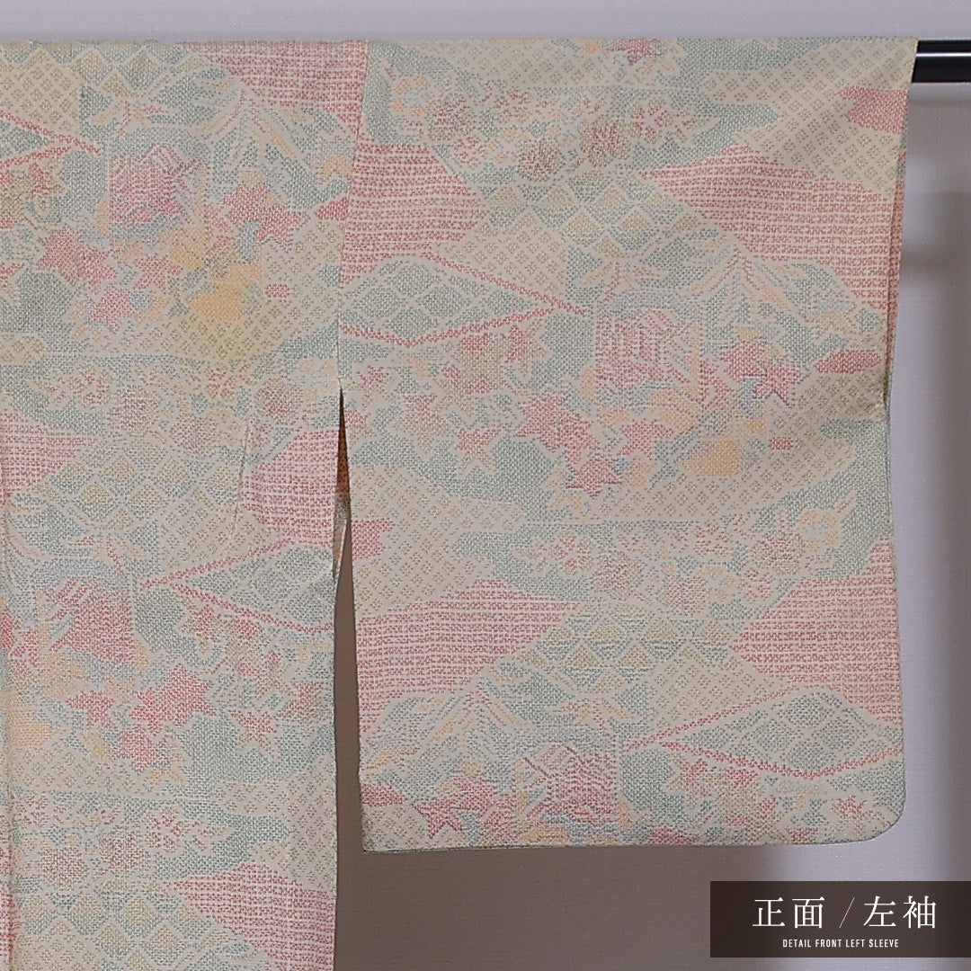 小紋 単衣 身丈155cm 裄丈64cm 正絹 Cランク インフォーマル 広衿 Mサイズ 花園 ベージュ系 LP 1221-11778