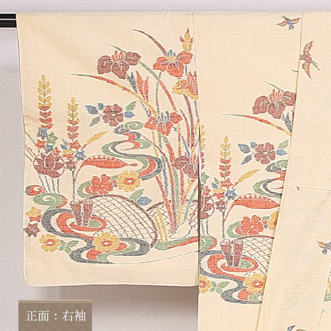 紬 身丈158cm 裄丈63.5cm Cランク 袷 正絹 広衿 付下げ 菖蒲 桐 鳥 真綿紬 1216-10104