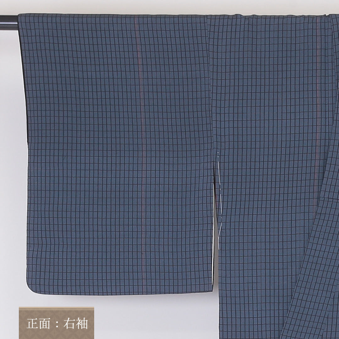 紬 袷 身丈151cm 裄丈62cm 正絹 Sランク Sサイズ バチ衿 カジュアル 格子 グレー系 1216-02077