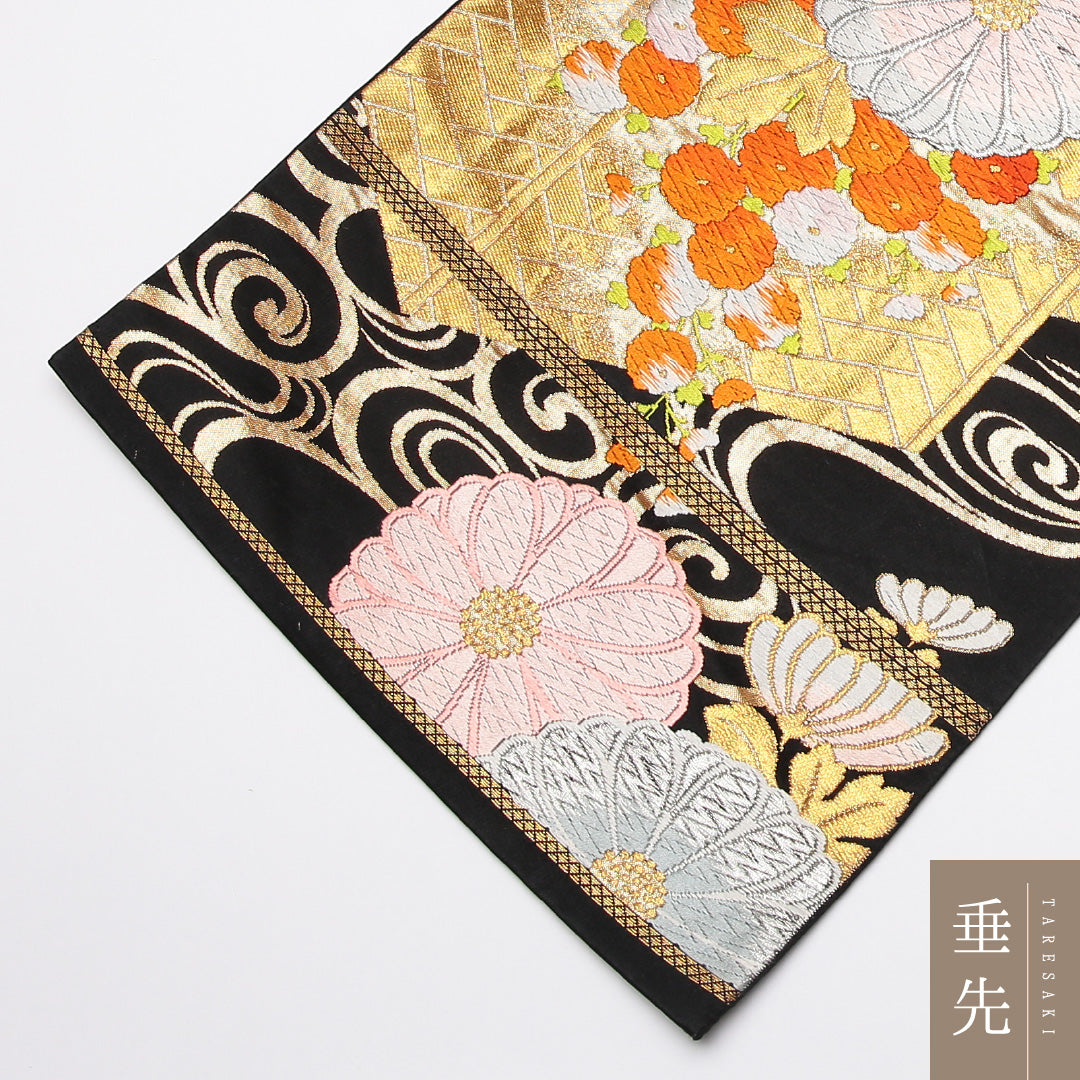 袋帯 帯丈410cm 正絹 六通 フォーマル 観世水 菊 金箔 金系 黒系 1243-01221