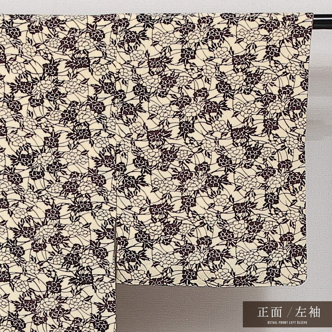 小紋 袷 身丈154cm 裄丈62cm 正絹 Aランク インフォーマル 広衿 Sサイズ 唐草牡丹 クリーム系 HP 1221-14518