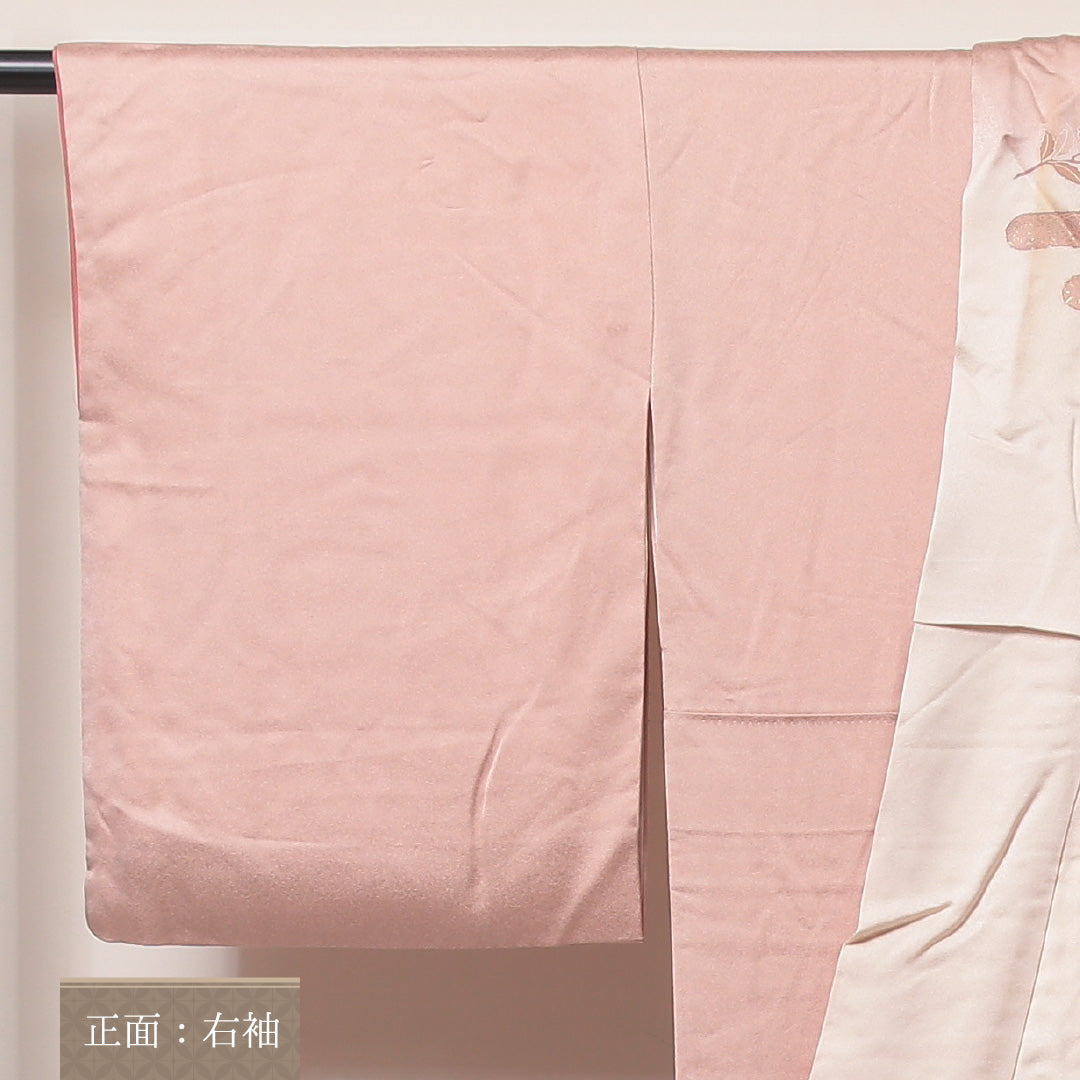 訪問着 袷 身丈155~159cm 裄65cm 正絹 花や蝶 金彩 エ霞 ピンク系 Aランク 1212-00598