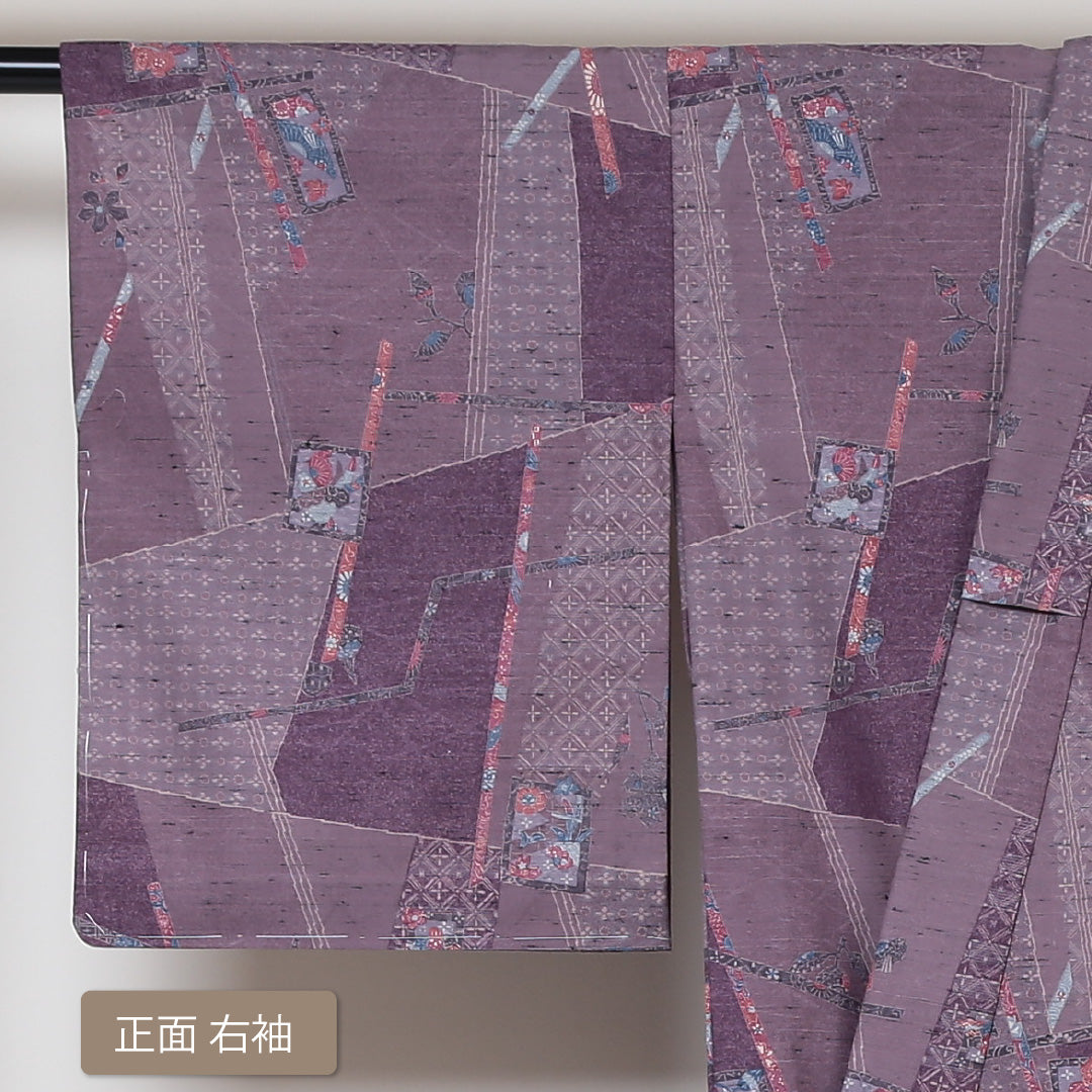 未使用品 紬 単衣 身丈158cm 裄丈63cm 正絹 Sランク Mサイズ バチ衿 カジュアル 寄せ柄 しつけ糸 紫系 1216-02978