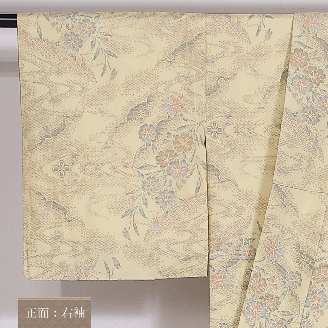 洗える着物 紬 袷 身丈159cm 裄丈63cm ポリエステル Sランク カジュアル 広衿 Mサイズ さが美 ガード加工 流水 紅葉 黄系 RP 1223-03924
