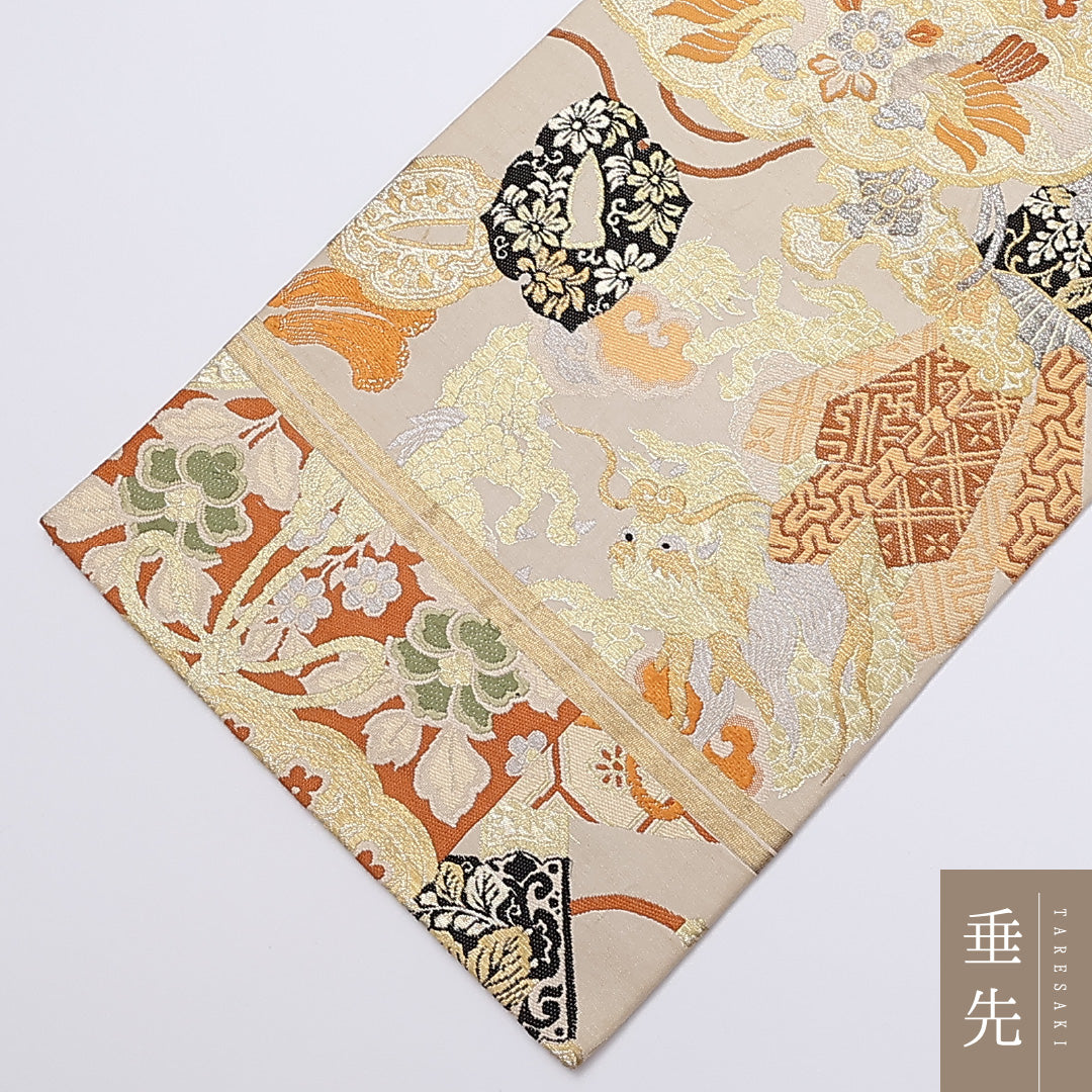 アンティーク 丸帯 帯丈400cm 正絹 全通 唐織 龍 丸文 金系 1242-00896