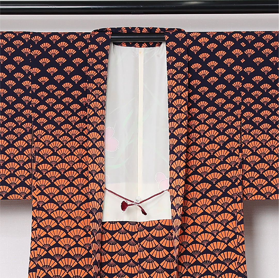 羽織 袷 身丈80cm 裄丈65cm 正絹 Aランク カジュアル Mサイズ 紐あり 扇 紺系 HP 1232-12723