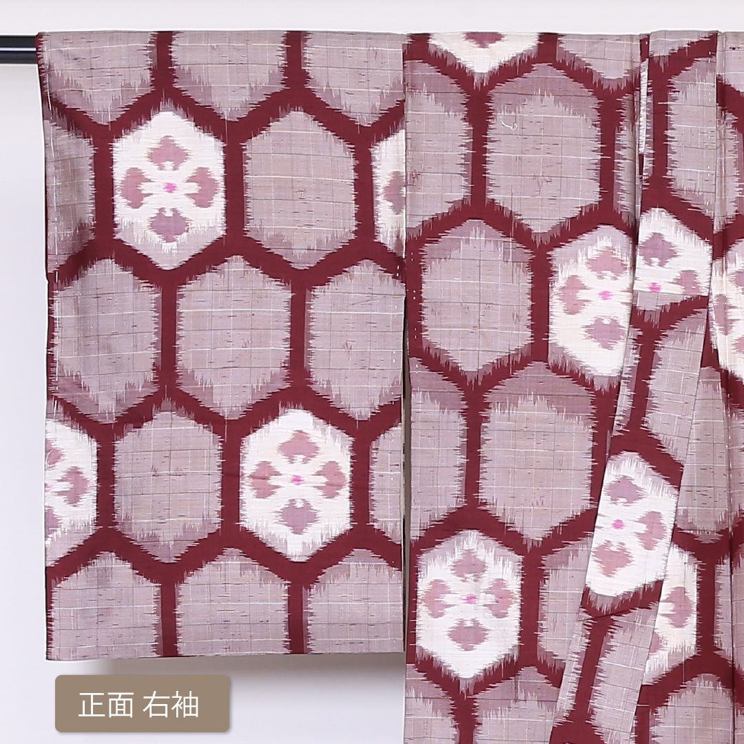 アンティーク 紬 袷 身丈148cm 裄丈61cm 正絹 Aランク バチ衿 XSサイズ 花菱亀甲 赤系 RP 1223-03318