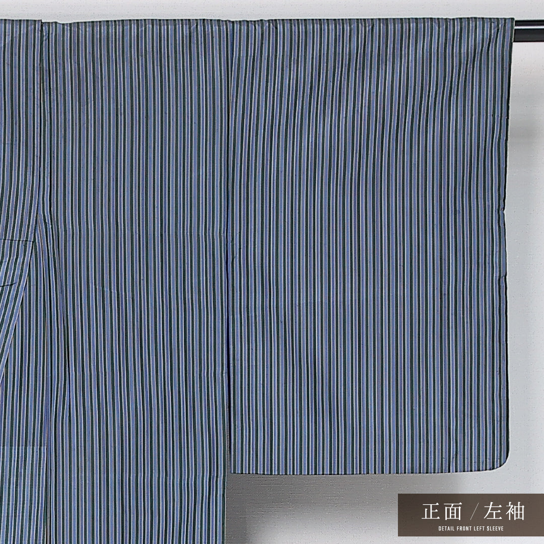 アンティーク 紬 袷 身丈144cm 裄丈62cm 正絹 Aランク バチ衿 XSサイズ 縞 青系 M4 1223-12049