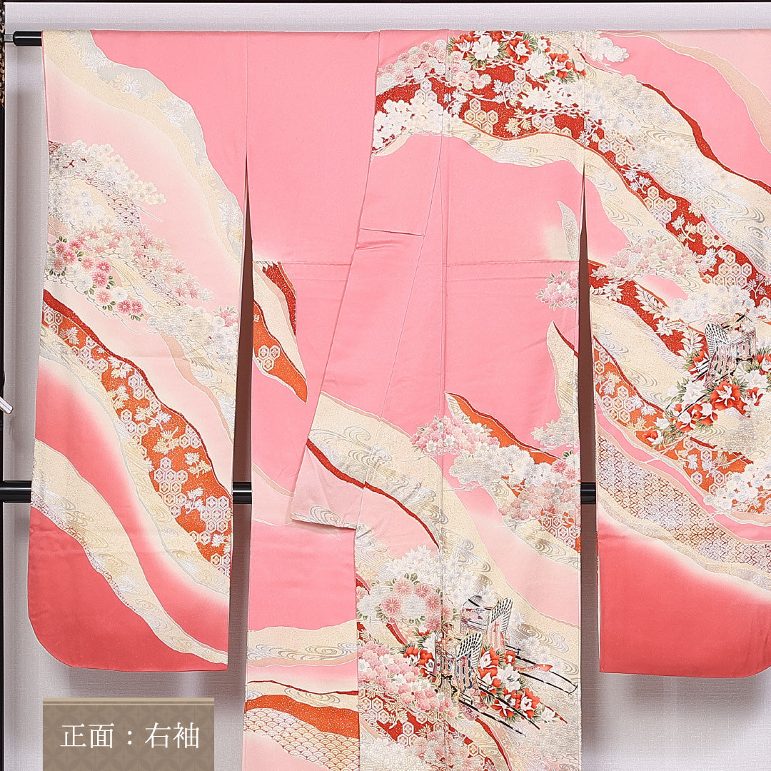 振袖 身丈161cm 裄丈66.5cm 袷 正絹 Aランク 広衿 御所車 吉祥文様 1213-F0296