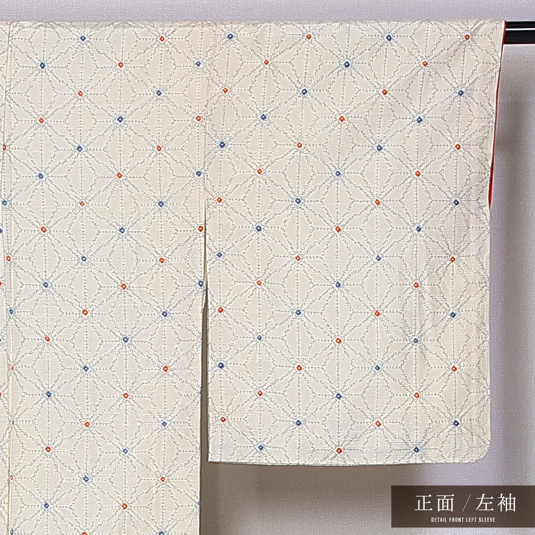 小紋 袷 身丈166cm 裄丈64cm 正絹 Aランク インフォーマル 広衿 XLサイズ 麻の葉 ベージュ系 RP 1221-11355
