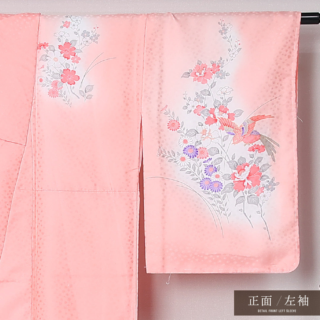 洗える着物 訪問着 袷 身丈161cm 裄丈65cm ポリエステル Sランク セミフォーマル 広衿 Lサイズ 尾長鳥 青海波 牡丹 杜若 ピンク系 RP 1217-12501
