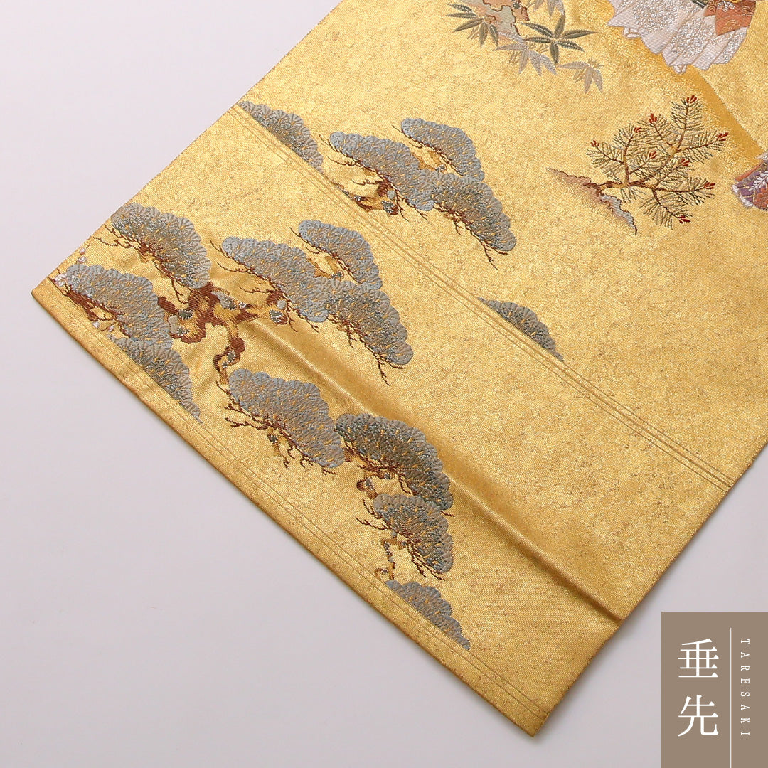 袋帯 帯丈448cm 正絹 六通 フォーマル 老松 能 古典柄 金系 1243-01655