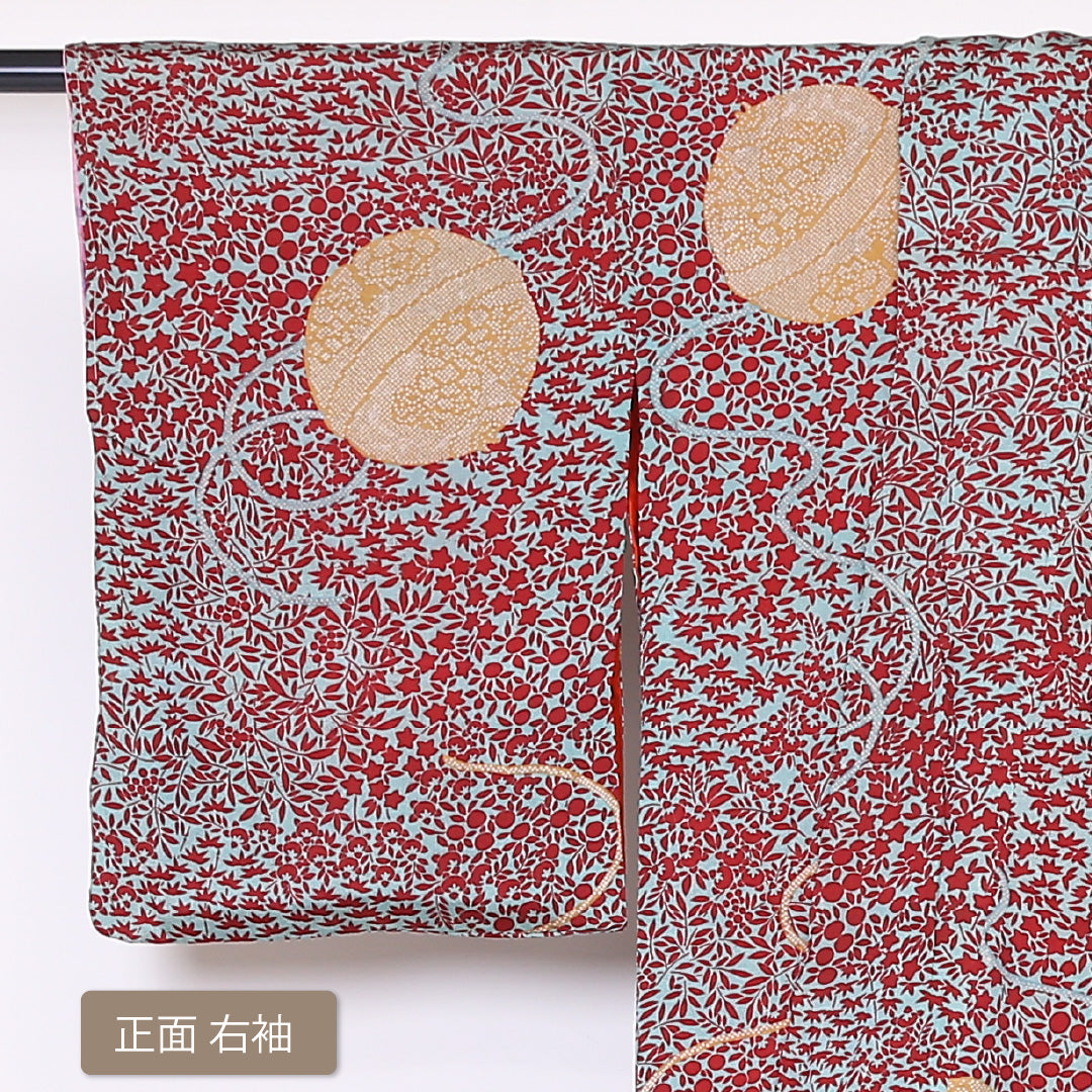 アンティーク 小紋 袷 身丈144cm 裄62.5cm 緑系 手毬 花柄 正絹 Aランク 1215-01924-3119