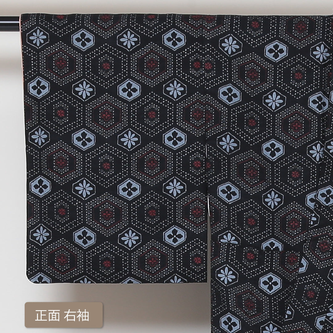 アンティーク 小紋 袷 身丈142cm 裄丈59cm 正絹 Aランク バチ衿 XSサイズ 亀甲 紺系 RP 1221-01441