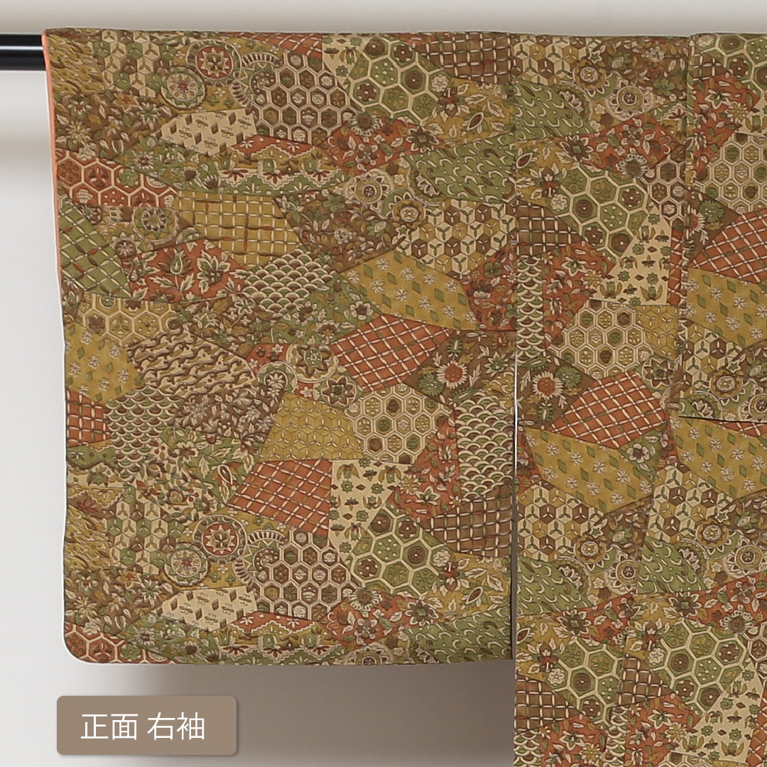 小紋 袷 身丈148cm 裄丈63cm 正絹 Aランク インフォーマル 広衿 XSサイズ 更紗 創作柄 茶系 HP 1221-01611