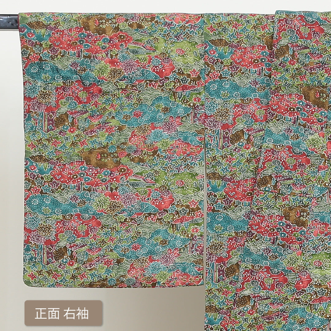 小紋 袷 身丈154cm 裄丈67cm 正絹 Sランク インフォーマル 広衿 Sサイズ 四季草花 多色系 RP 1221-00976