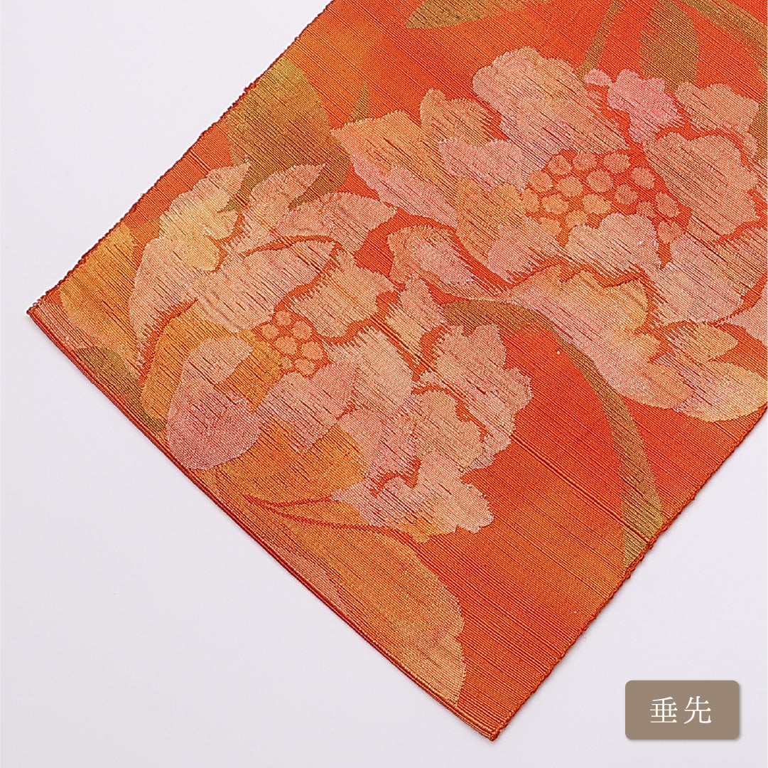 八寸名古屋帯 Sランク 帯丈328cm 正絹 六通 松葉仕立て 織り カジュアル 紬 牡丹 朱系 LP 1245-01320