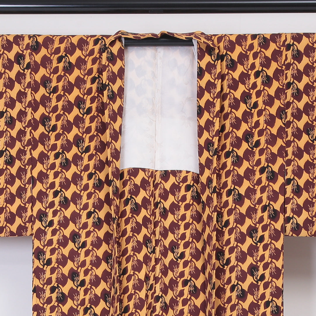 羽織 袷 身丈80cm 裄丈65cm 正絹 Sランク カジュアル Mサイズ 植物柄 黄系 RP 1232-05927