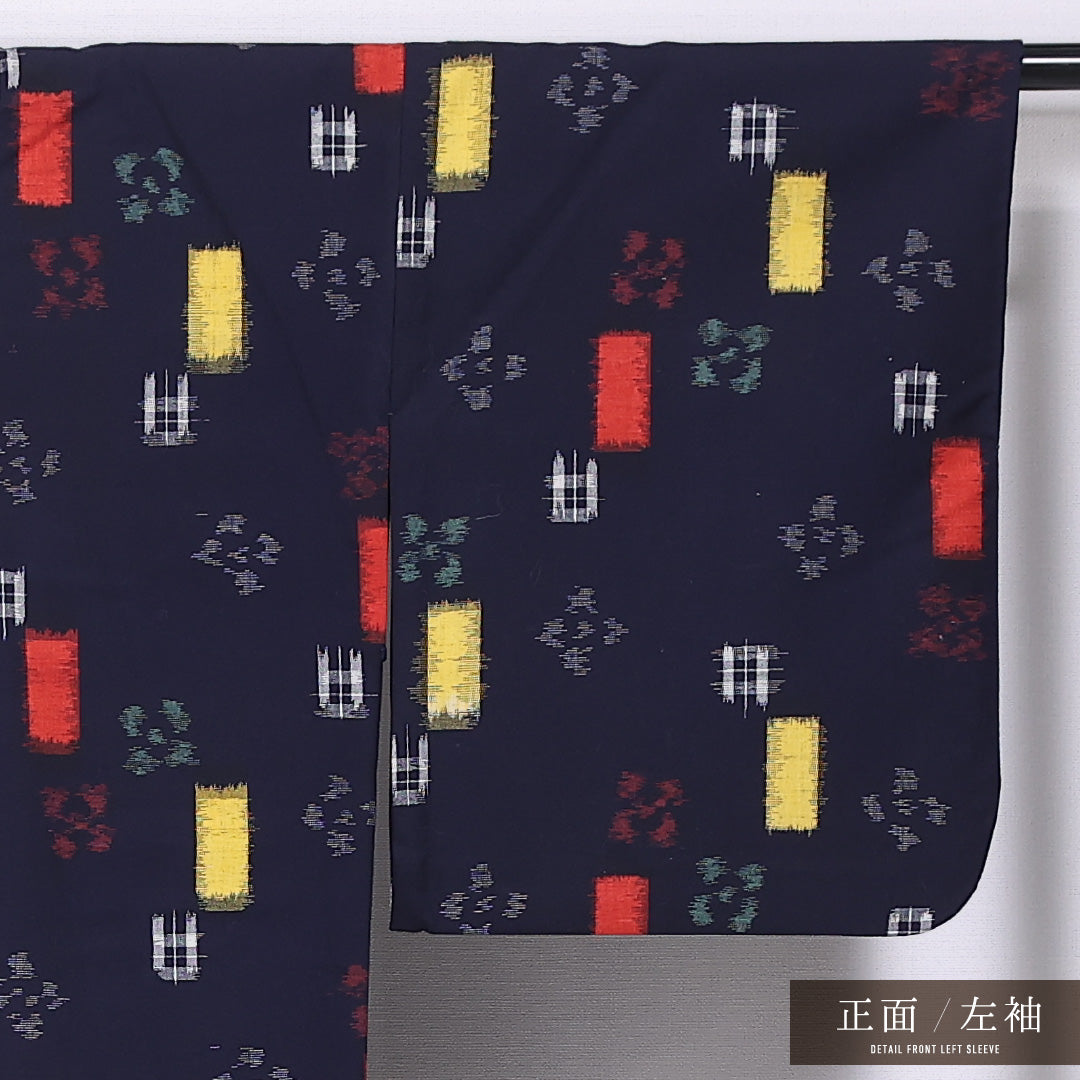 洗える着物 ウールの紬 単衣 身丈164cm 裄丈67cm ウール Sランク カジュアル バチ衿 Lサイズ 創作柄 紺系 RP 1223-11781