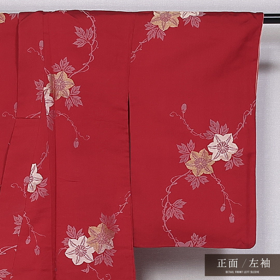 アンティーク お召 袷 身丈149cm 裄丈63cm 正絹 Bランク バチ衿 XSサイズ 鉄線 葛 赤系 M4 1222-11395