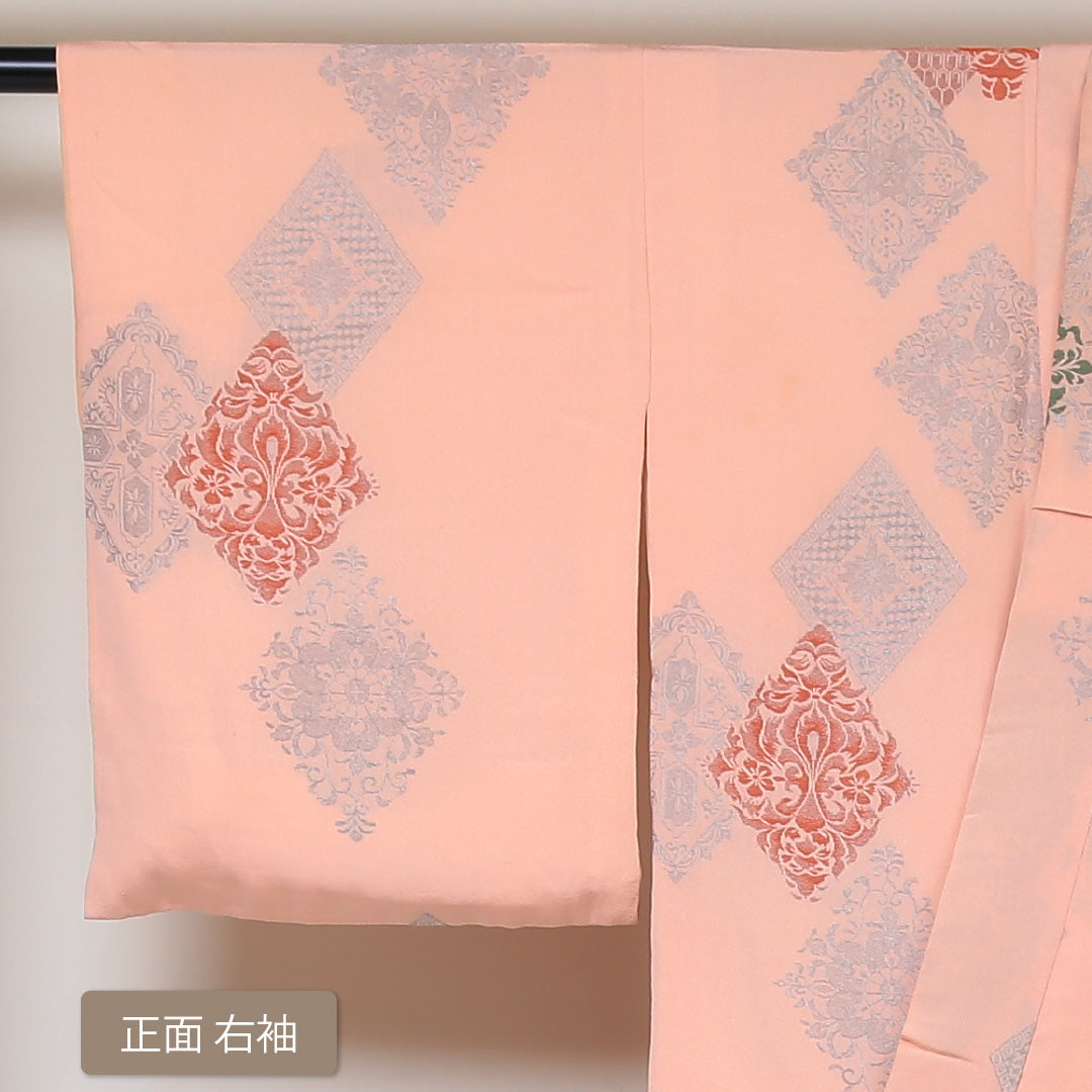 小紋 袷 身丈152cm 裄丈62cm 正絹 Cランク インフォーマル バチ衿 Sサイズ 幾何学柄 ピンク系 LP 1221-01452