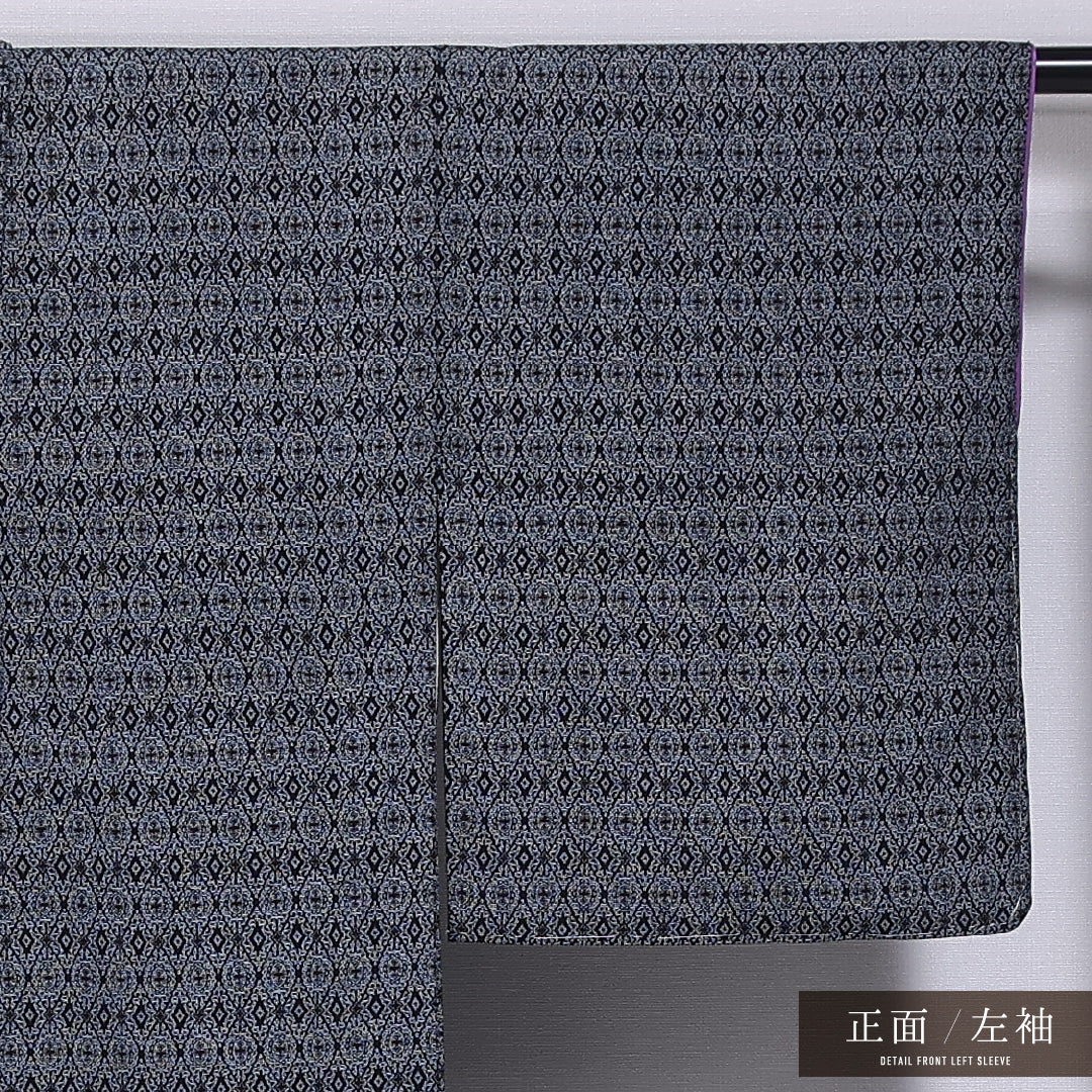 小紋 袷 身丈155cm 裄丈63cm 正絹 Aランク インフォーマル 広衿 Mサイズ 創作柄 黒系 RP 1221-11864