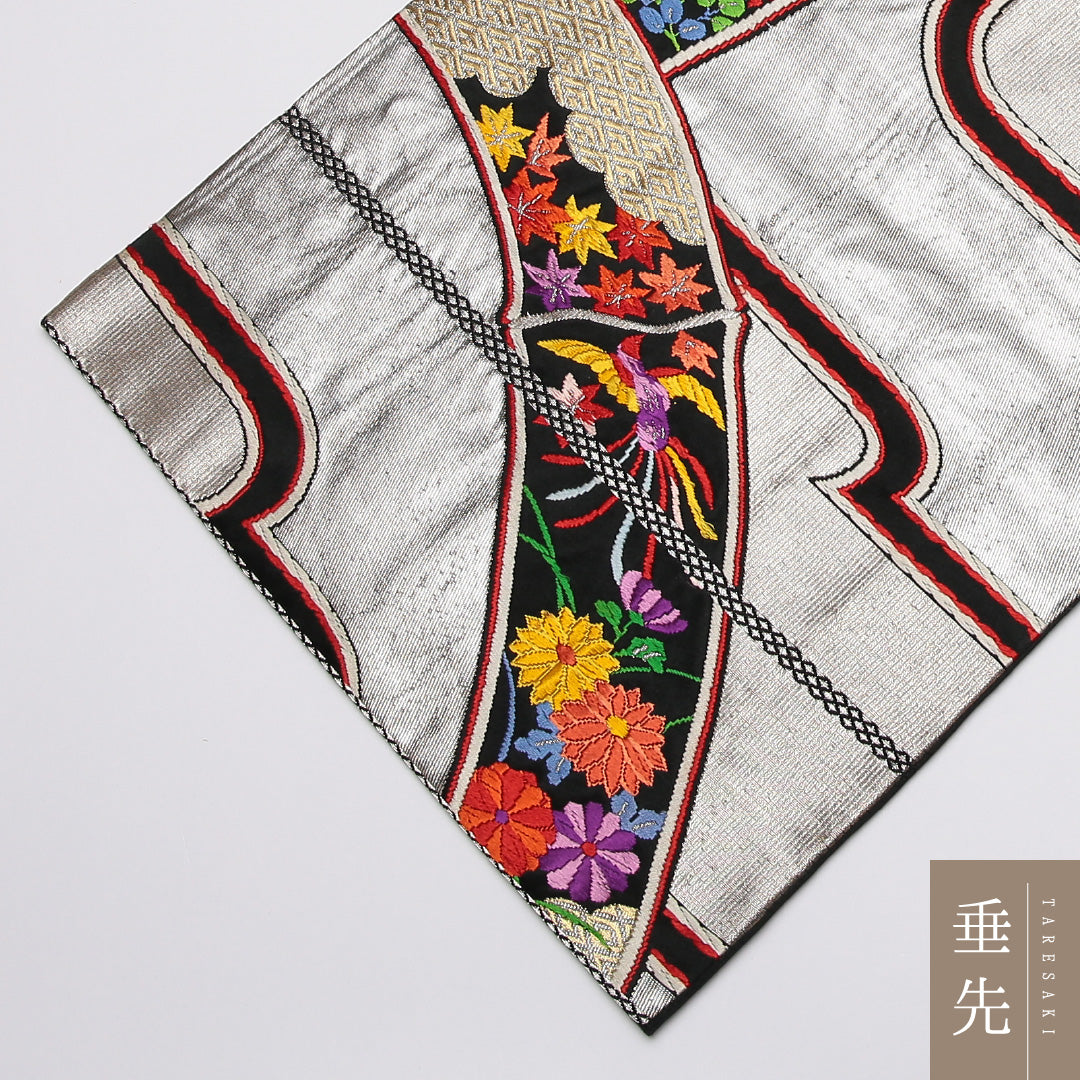 振袖用 袋帯 帯丈412cm 正絹 六通 唐織 尾長鳥 雲取り 竹 金箔 銀系 1243-01182