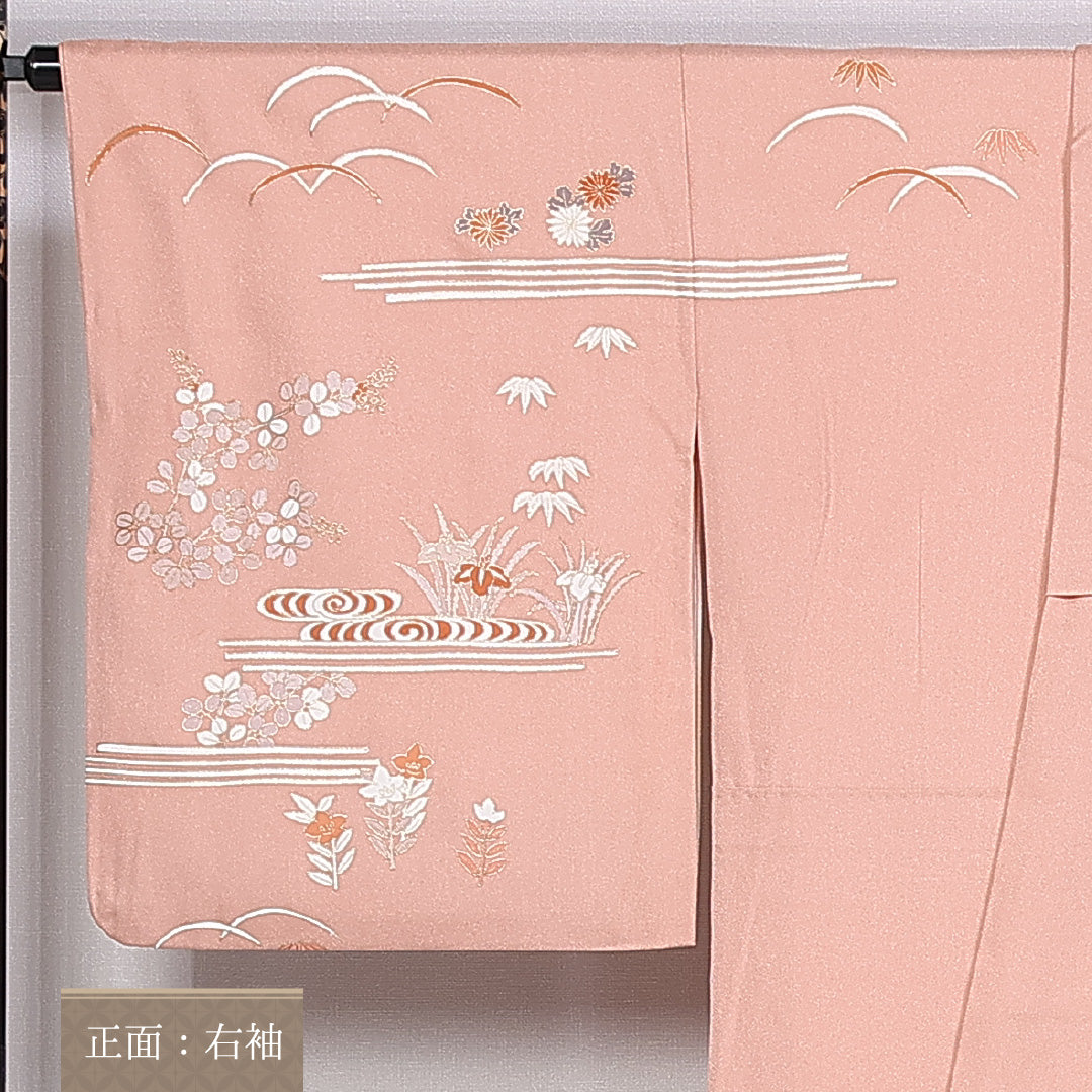 訪問着 身丈170cm 裄丈67.5cm 正絹 Aランク 袷 広衿 菊 観世水 菖蒲 萩 笹 芝草 1212-10426