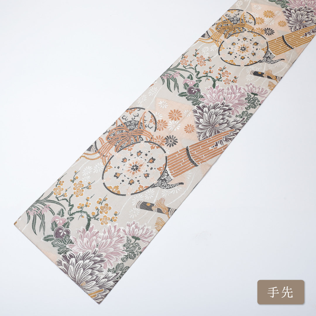 アンティーク 丸帯 帯丈388cm 全通 唐織 小鼓 フォーマル クリーム系 正絹 Aランク 1223-00630