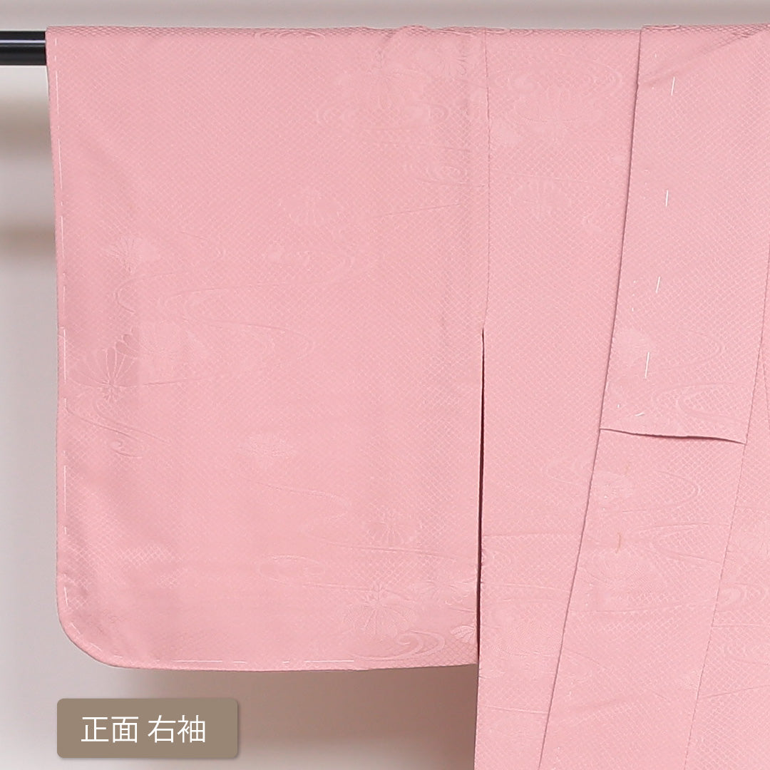 色無地 袷 身丈149cm 裄丈61cm 正絹 Sランク 紋意匠 (流水に菊) インフォーマル 広衿 XSサイズ ピンク系 M4 1219-05174