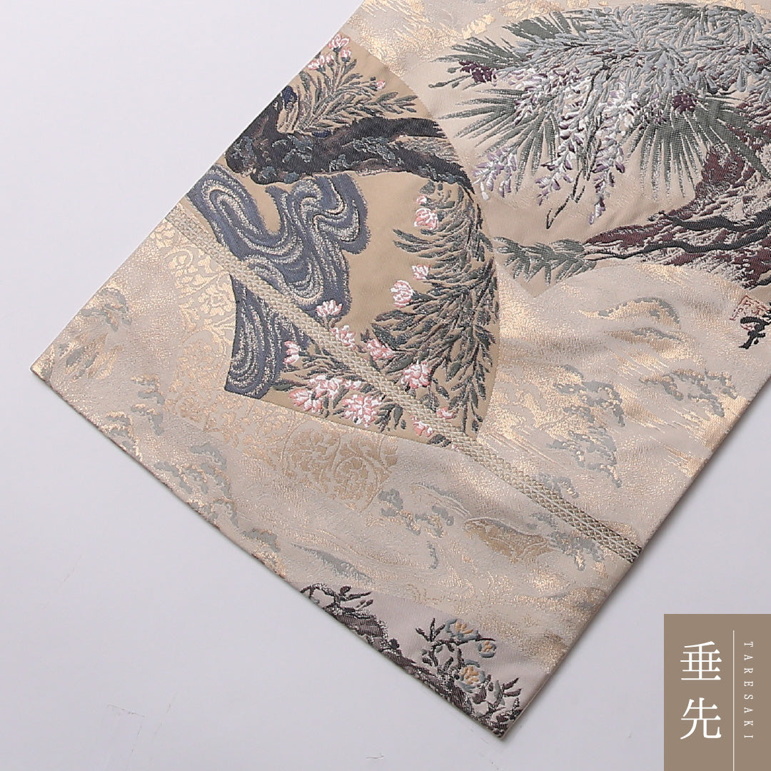 袋帯 帯丈420cm 正絹 全通 フォーマル 扇面文 流水 松 クリーム系 1243-01574