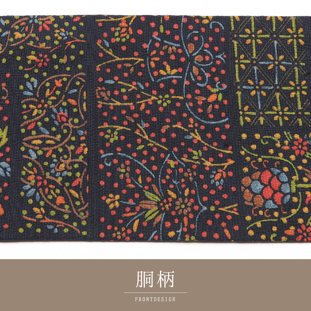 未使用品 九寸名古屋帯 Nランク 帯丈371cm 正絹 六通 名古屋仕立て 染め インフォーマル 塩瀬 創作柄 紺系 RP 1245-01772