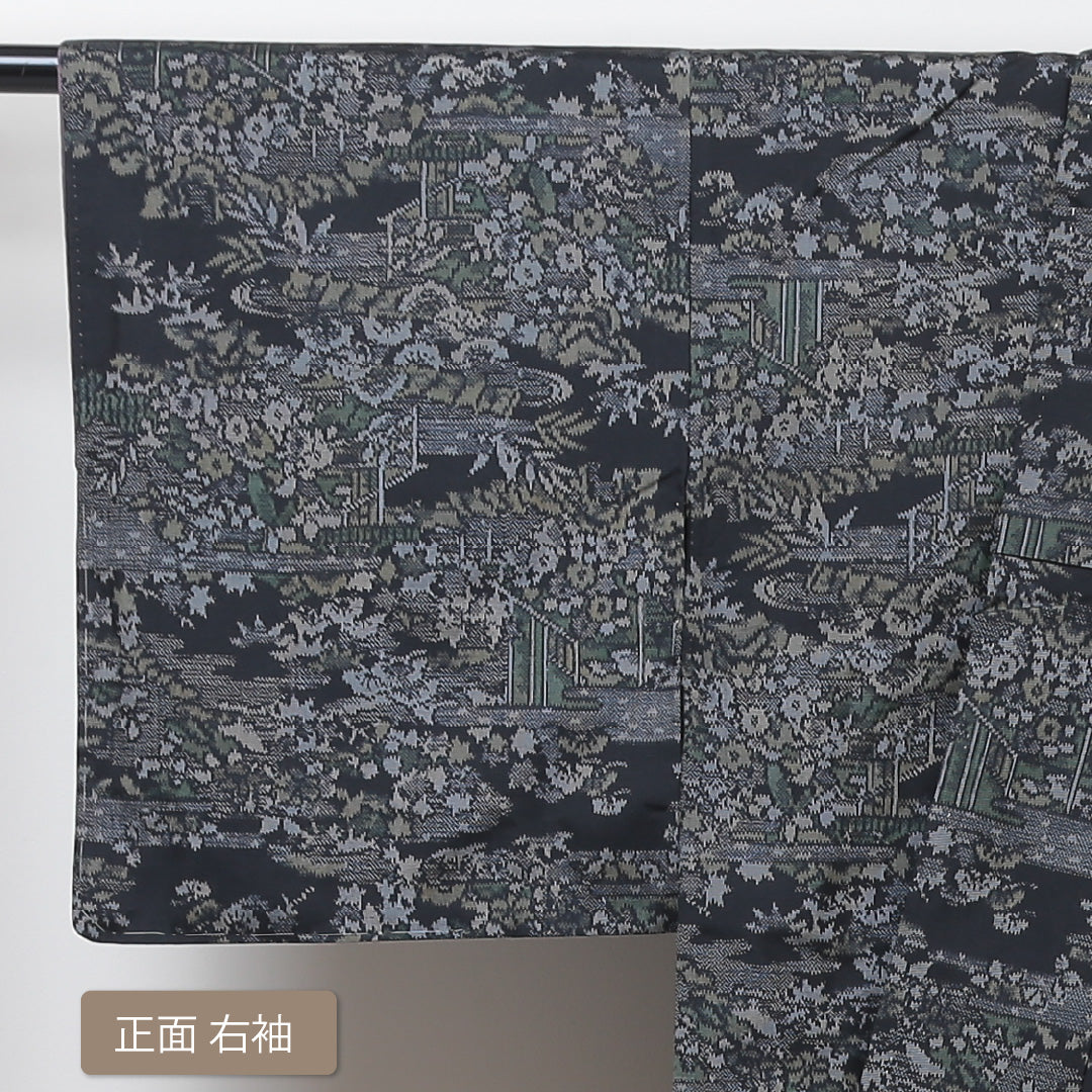 大島紬 袷 身丈158cm 裄丈62cm 正絹 Sランク インフォーマル 広衿 Mサイズ 緯総絣 茶屋辻 黒系 RP 1223-02903