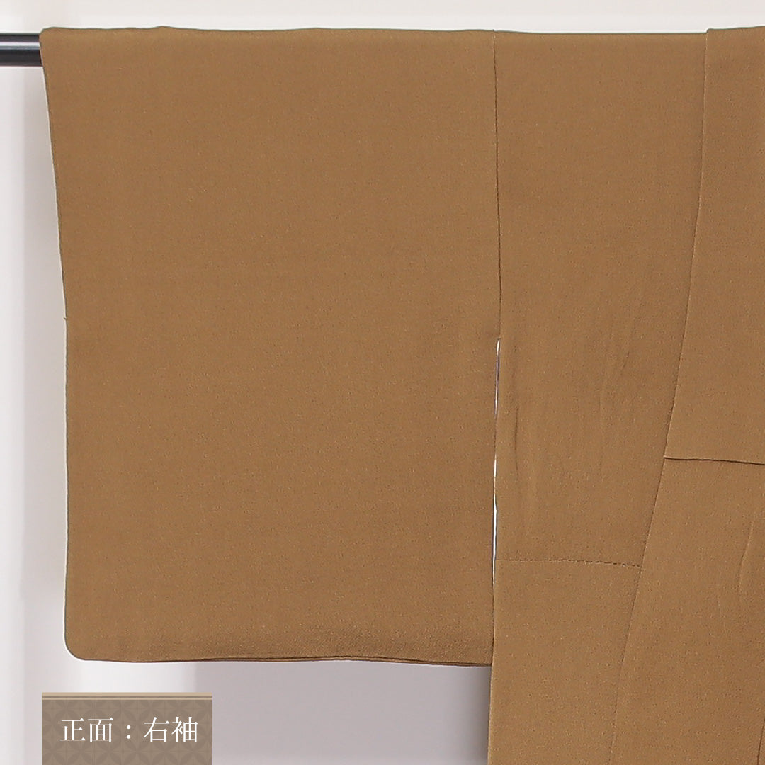 付下げ 袷 身丈159cm 裄丈67cm 正絹 Bランク Mサイズ 広衿 三つ紋(三つ巴) フォーマル 団栗色 植物柄 茶系 1261-04614