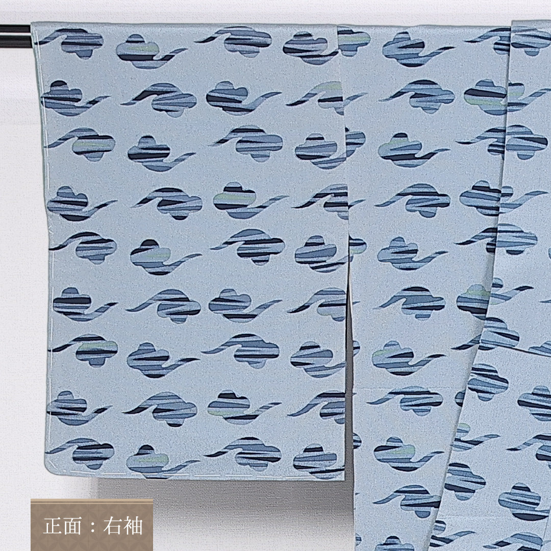 小紋 袷 身丈153cm 裄丈61cm 正絹 Sランク Sサイズ 広衿 インフォーマル ちりめん 水色系 1215-10189