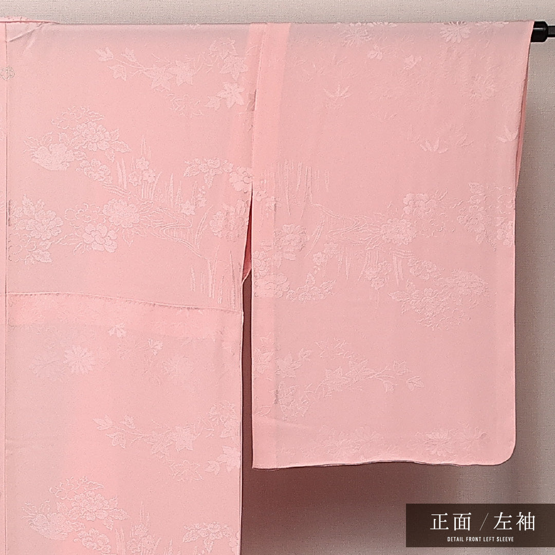 色無地 単衣 身丈160cm 裄丈63cm 正絹 Sランク 一つ紋(蔦) セミフォーマル 広衿 Lサイズ 紋意匠 牡丹 上品 しとやか ピンク系 RP 1219-14043