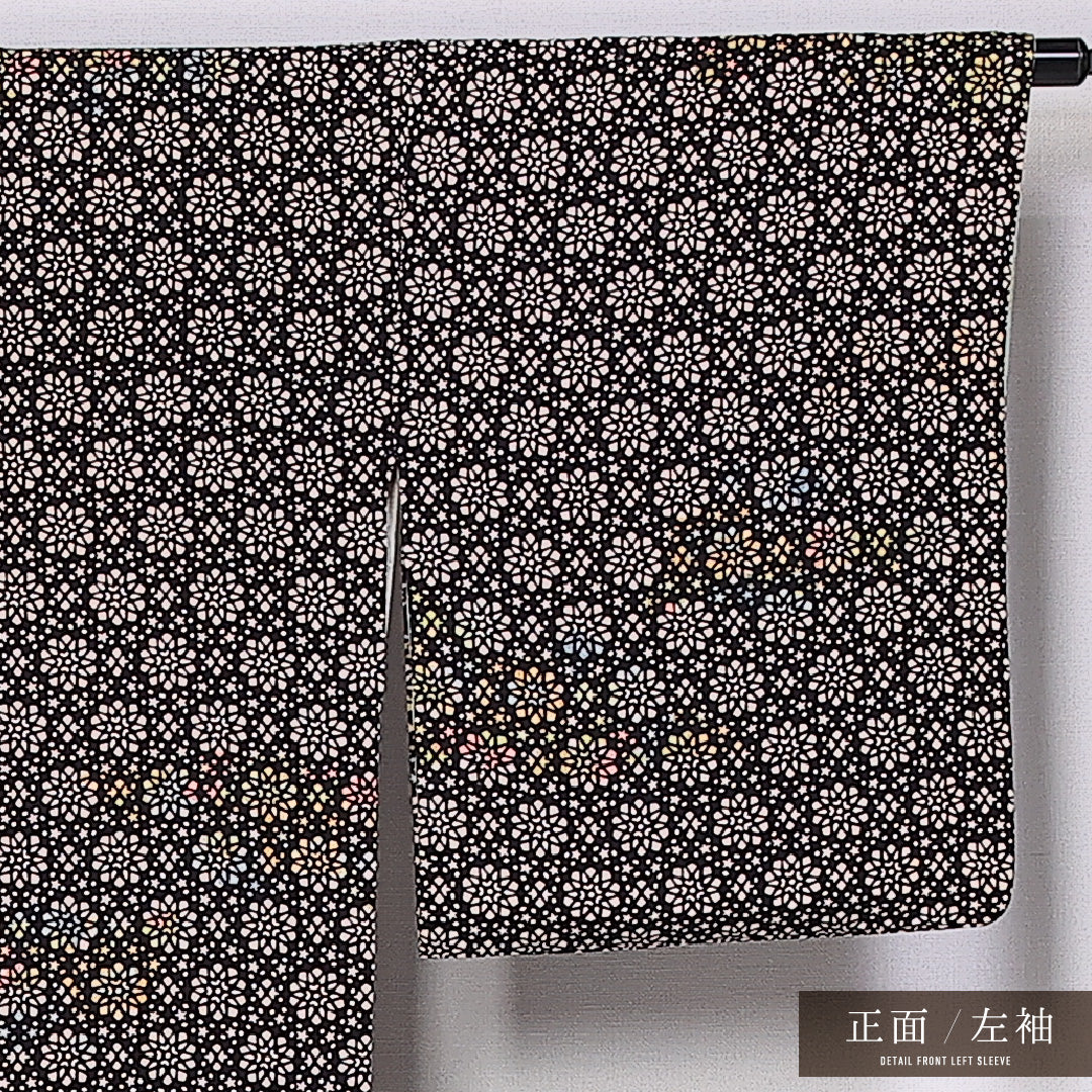 小紋 袷 身丈154cm 裄丈64cm 正絹 Aランク インフォーマル 広衿 Sサイズ 花柄 星 茶系 HP 1221-11066