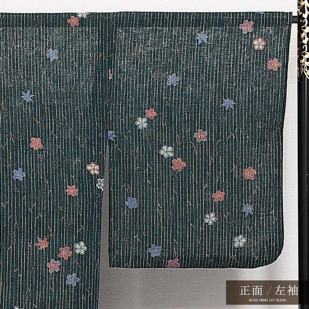 小紋 夏紬 洗える着物 身丈156cm 裄丈65cm Sランク ポリエステル 広衿 Mサイズ カジュアル 桜 紅葉 可憐 しとやか 緑系 1215-14027
