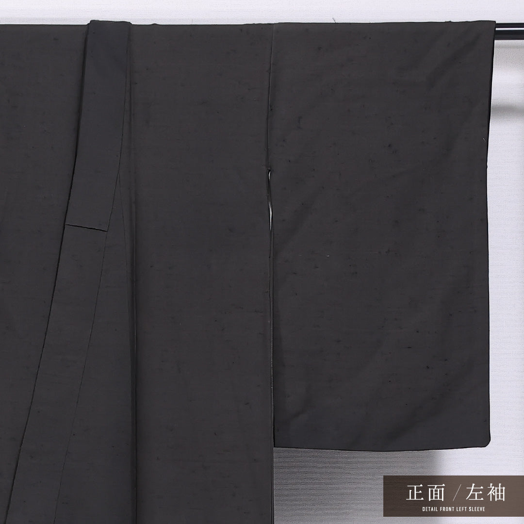 黒留袖 (紬地) 三つ紋 五三桐 身丈157cm 裄丈62.5cm Aランク 正絹 袷 広衿 M ひげ紬の後染め 雲取り 植物柄 セミフォーマル シック 粋 黒系 1211-F0564