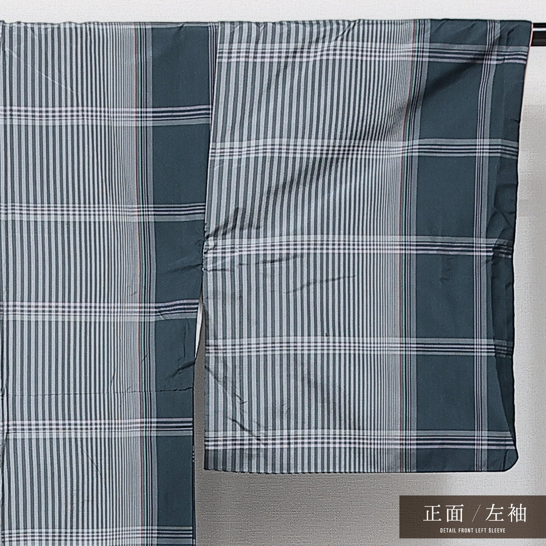 大島紬 袷 身丈163cm 裄丈65cm 正絹 Sランク インフォーマル 広衿 Lサイズ 緯総絣 格子 グレー系 RP 1223-14592