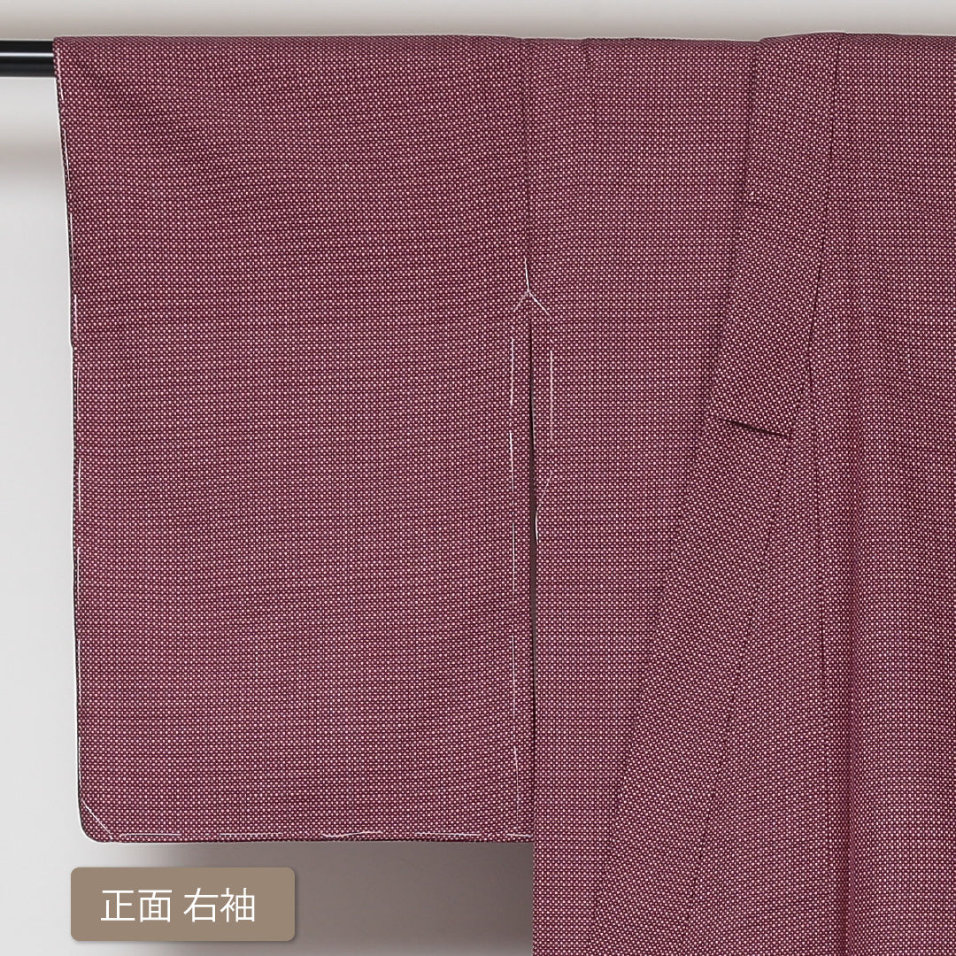 未使用品 紬 袷 身丈152cm 裄丈62cm 正絹 Sランク カジュアル バチ衿 Sサイズ しつけ糸 蚊絣 赤系 RP 1223-03073