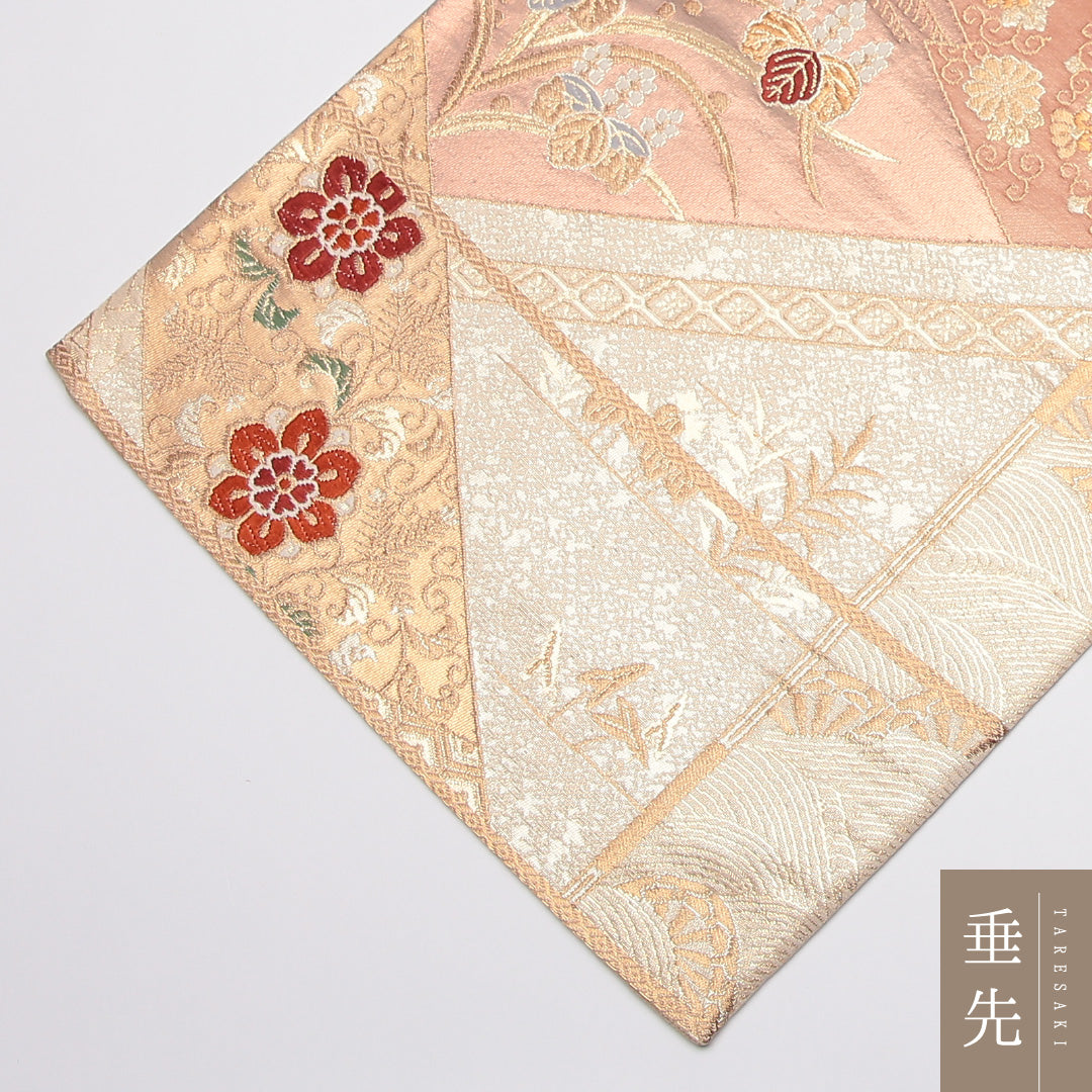 袋帯 帯丈424cm 正絹 六通 フォーマル 裂取り 宝相華 金系 ピンク系 1243-01187