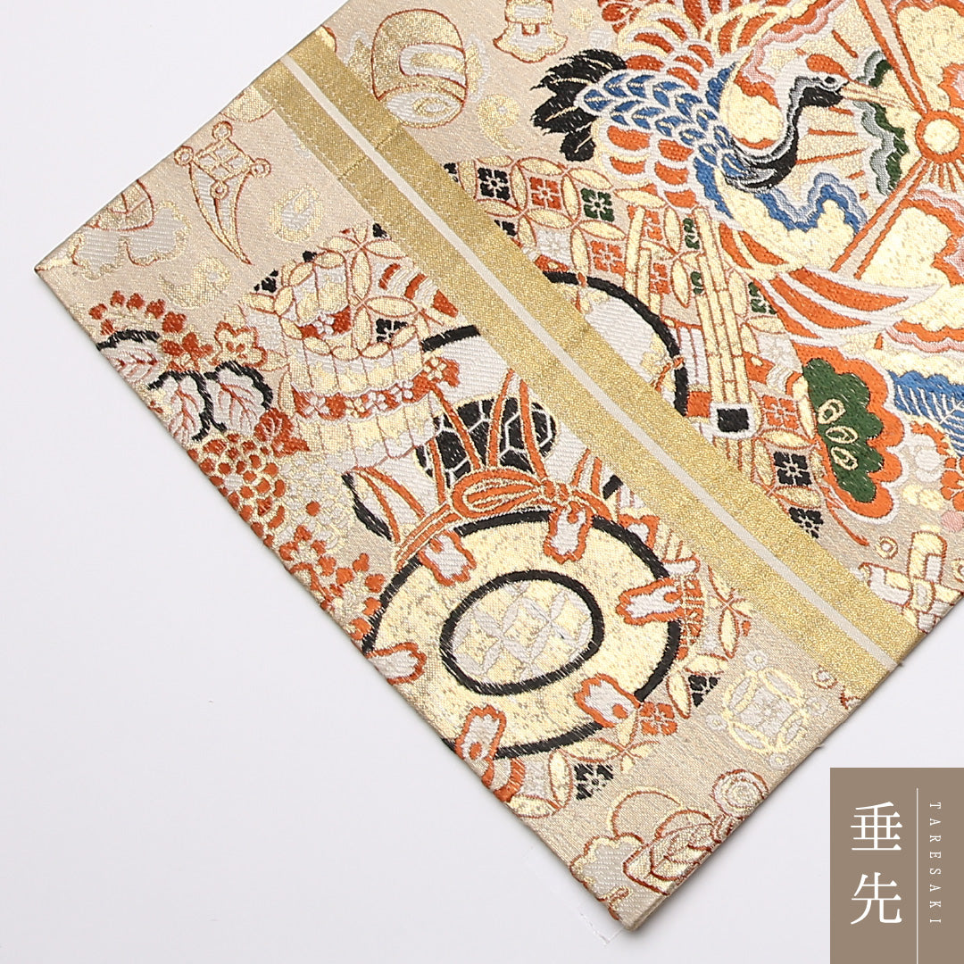 アンティーク 丸帯 帯丈412cm 正絹 全通 向かい鳥 鼓 丸文 クリーム系 1242-01055