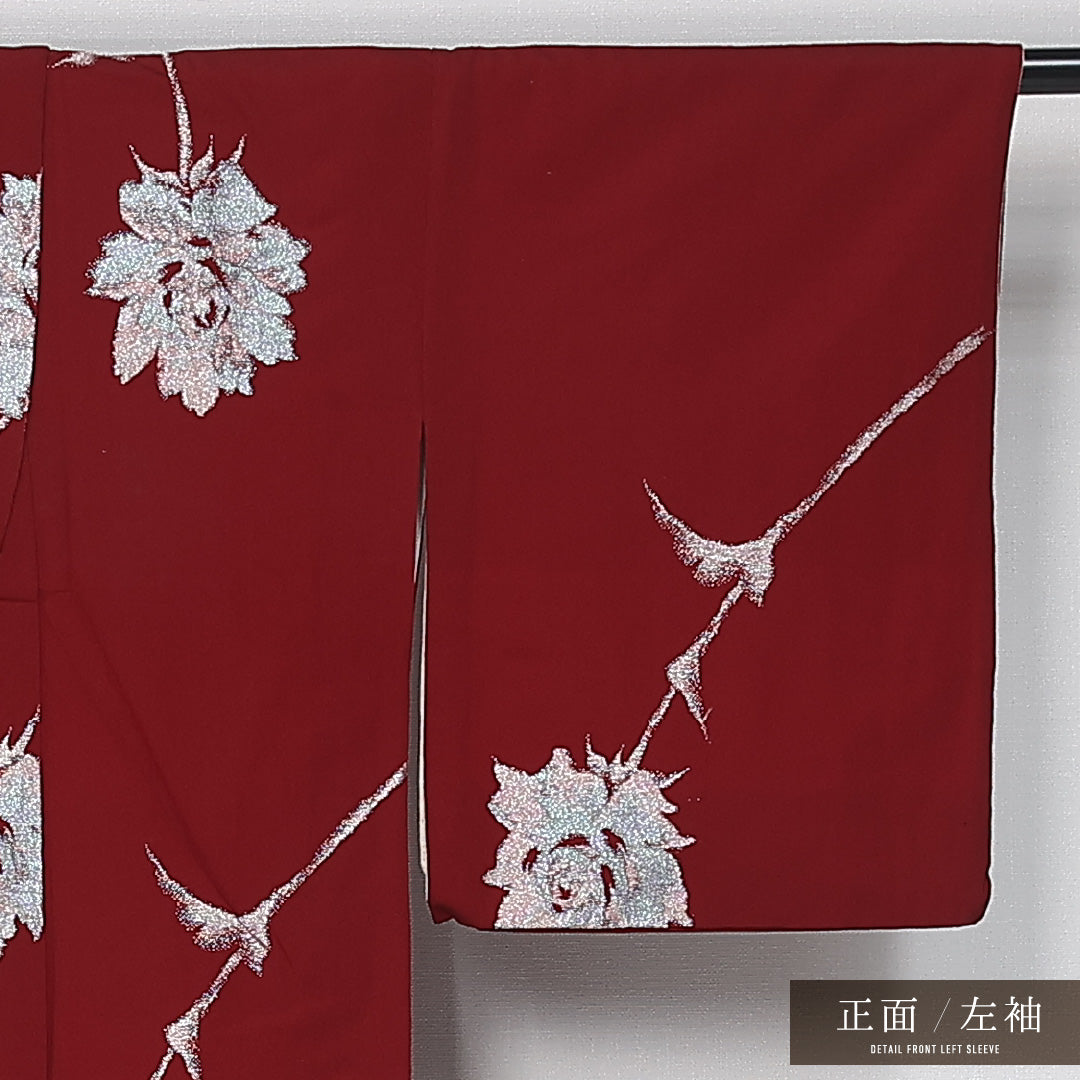 アンティーク お召 身丈153cm 裄丈61cm Dランク S 正絹 袷 広衿 薔薇 漆糸 赤系 1265-11913