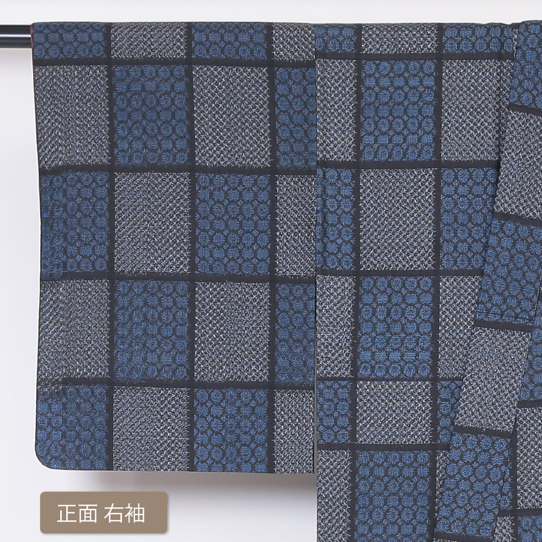 紬 袷 身丈154cm 裄丈60cm 正絹 Sランク Sサイズ バチ衿 カジュアル 市松 黒系 1216-03244