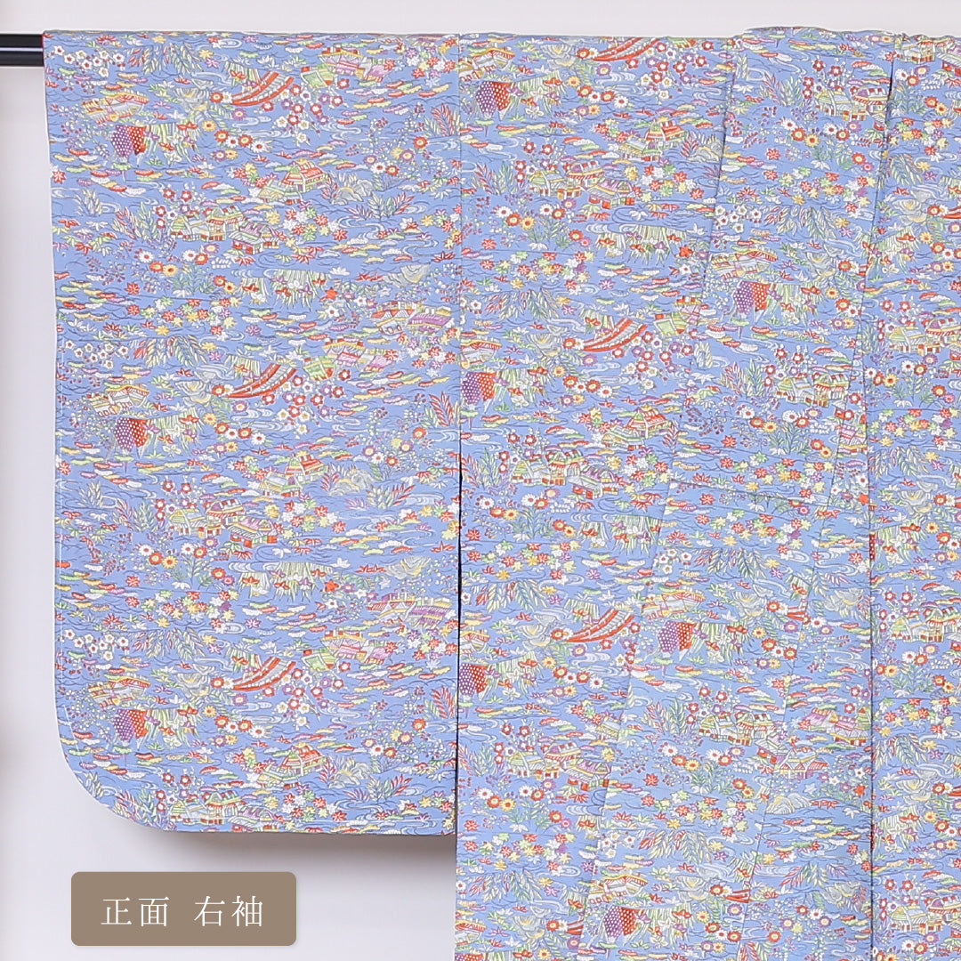 小紋 袷 身丈158cm 裄丈62cm 正絹 Aランク インフォーマル 広衿 Mサイズ 茶屋辻 水色系 RP 1221-01960