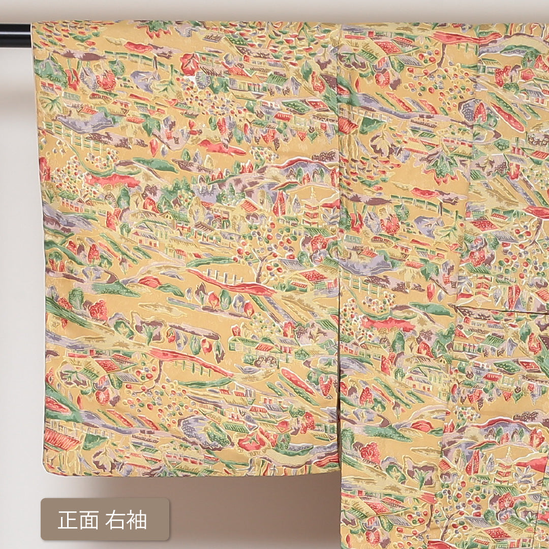 小紋 洗える着物 袷 身丈161cm 裄丈64cm ポリエステル Aランク Lサイズ 広衿 インフォーマル 茶屋辻 黄系 1215-01596