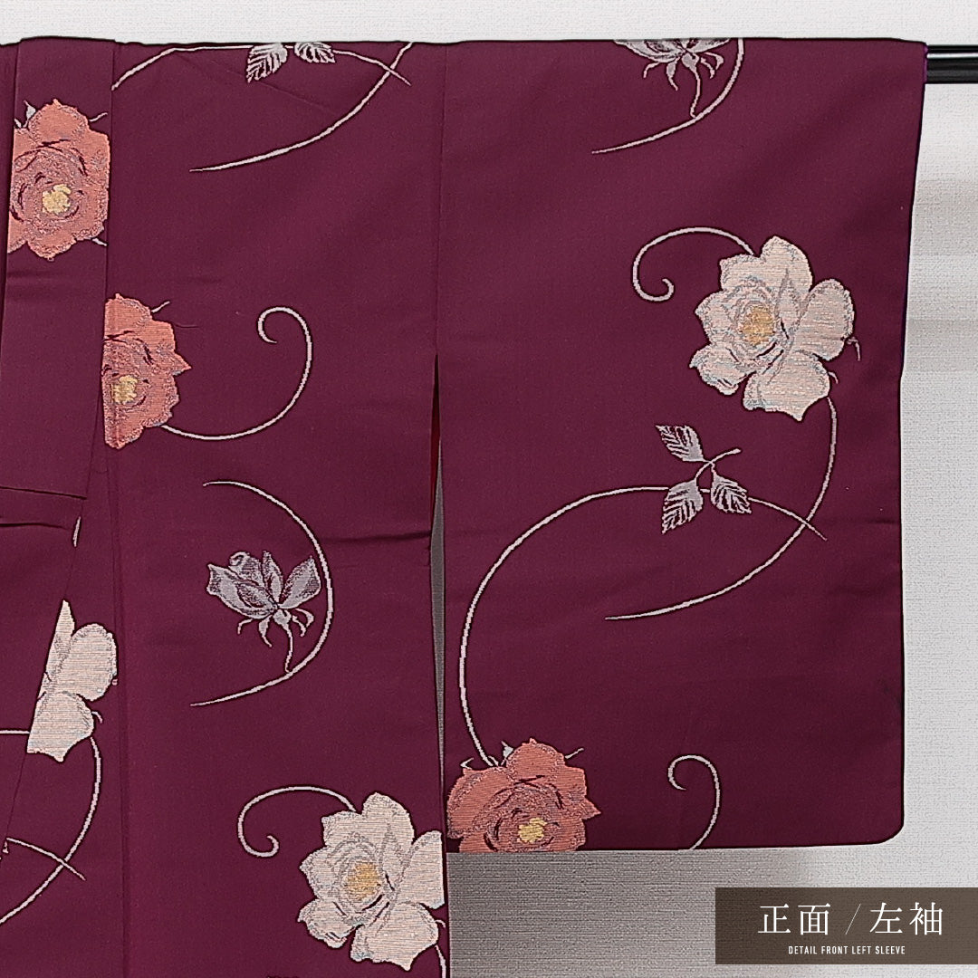アンティーク お召 袷 身丈151cm 裄丈60cm 正絹 Aランク バチ衿 Sサイズ 薔薇 紫系 RP 1222-14234
