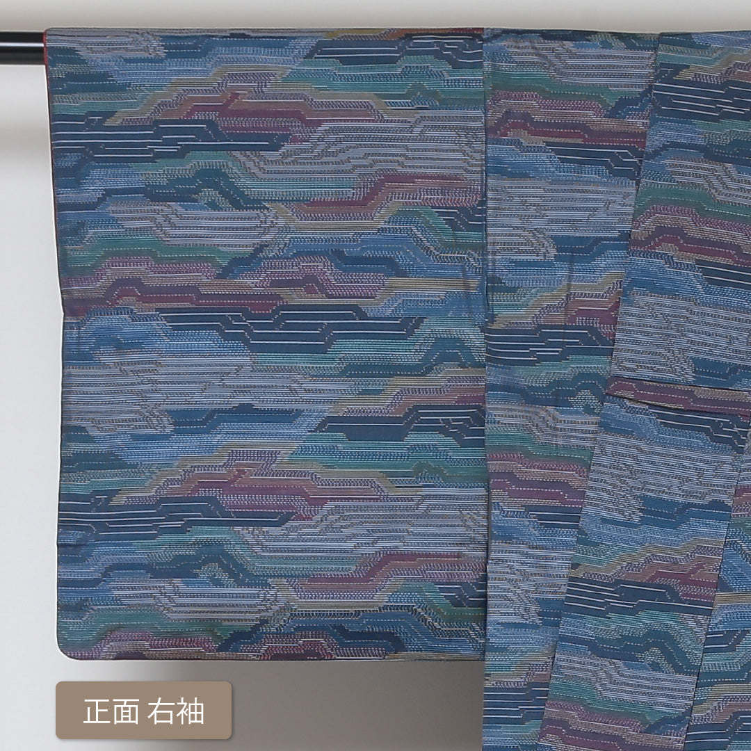 大島紬 袷 身丈159cm 裄丈65cm 正絹 Sランク インフォーマル 広衿 Mサイズ 経緯絣 創作柄 紺系 RP 1223-03038